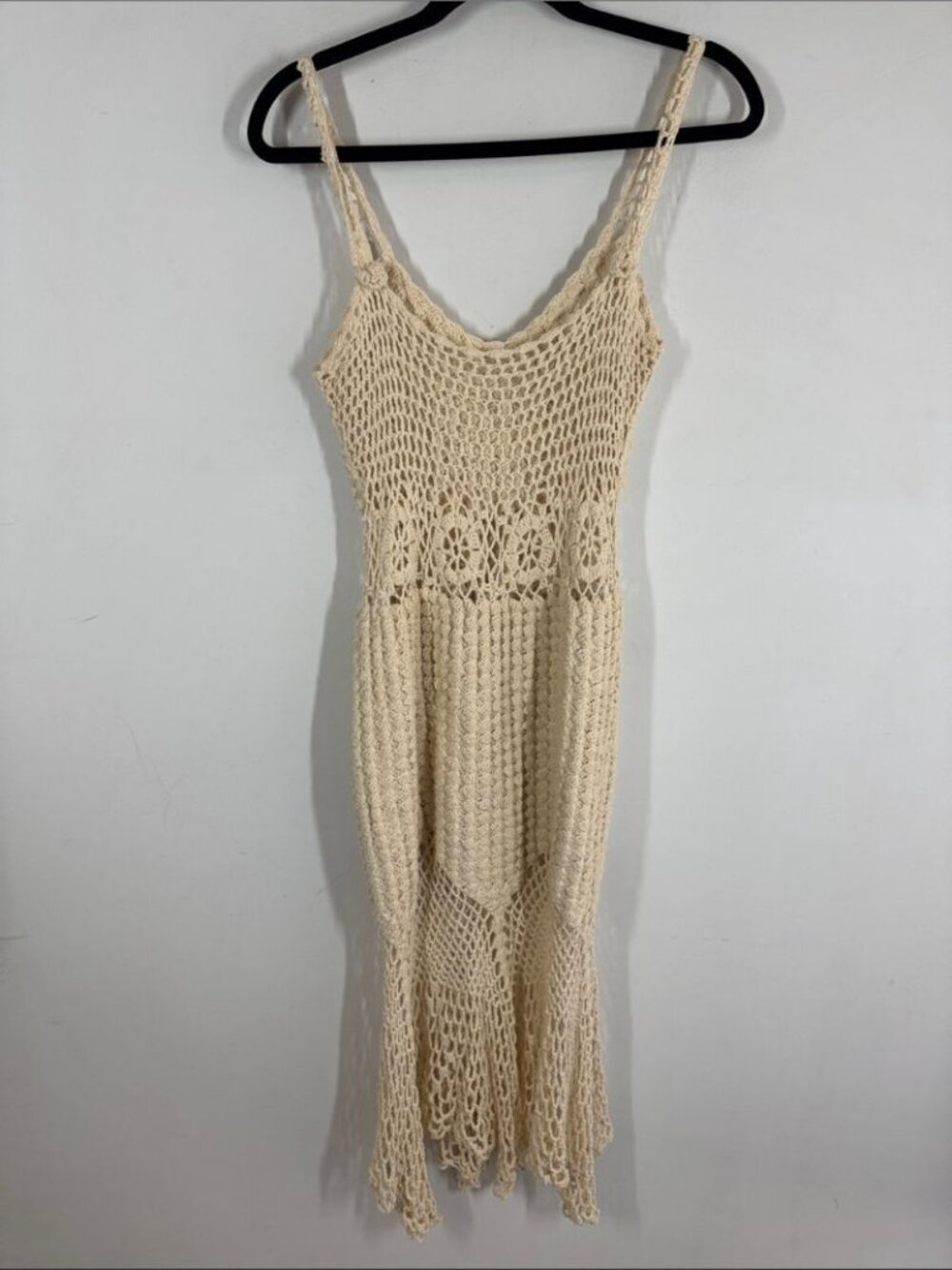 Hand Crocheted Cream Cover Up Dress Boho Festival Beach Resort Summer Vacation - Picture 6 of 13
